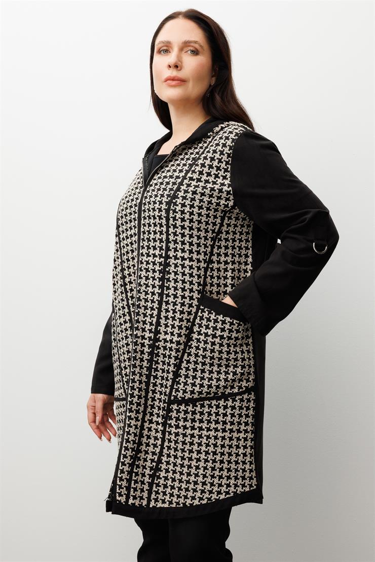 Modailgi  Kapüşonlu Kolları Apoletli Kazayağı Desen Nakış Kumaş Kap Siyah