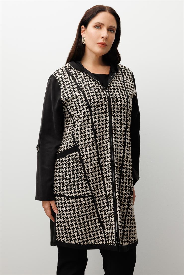 Modailgi  Kapüşonlu Kolları Apoletli Kazayağı Desen Nakış Kumaş Kap Siyah