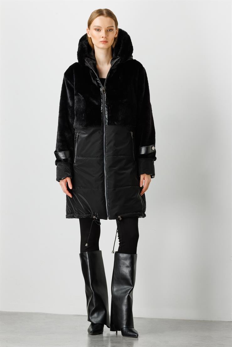 Modailgi  Kapüşonlu Kürk Detaylı Kaban Siyah