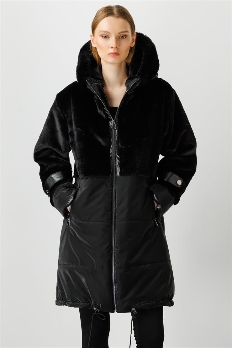Modailgi  Kapüşonlu Kürk Detaylı Kaban Siyah