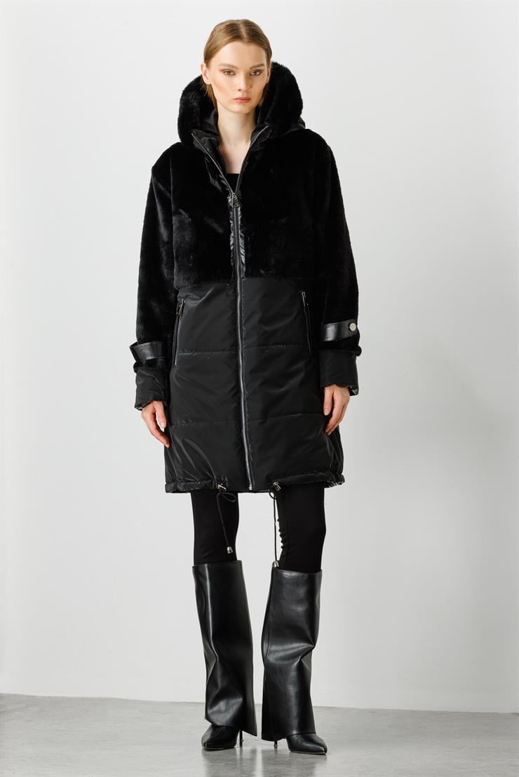 Modailgi  Kapüşonlu Kürk Detaylı Kaban Siyah