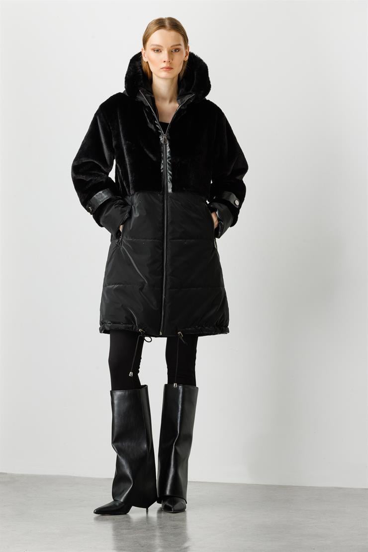 Modailgi  Kapüşonlu Kürk Detaylı Kaban Siyah