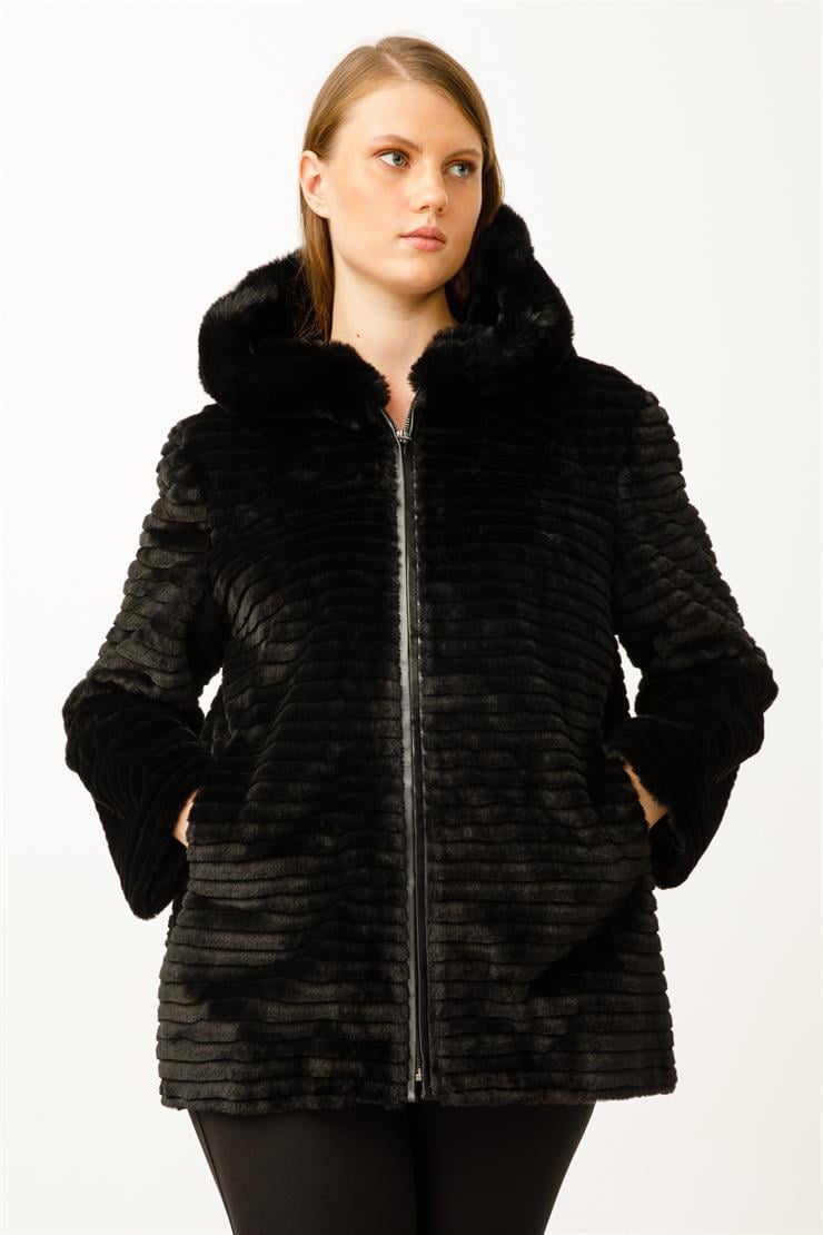 Modailgi  Kapüşonlu Kürk Kaban Siyah