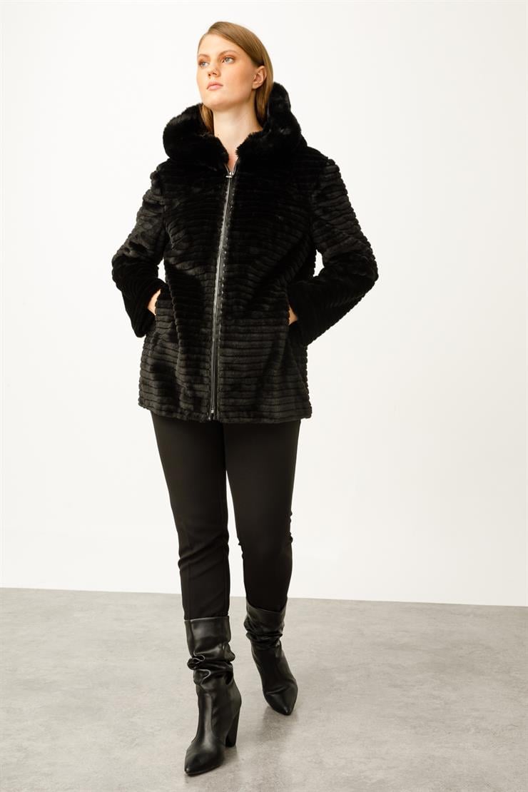 Modailgi  Kapüşonlu Kürk Kaban Siyah