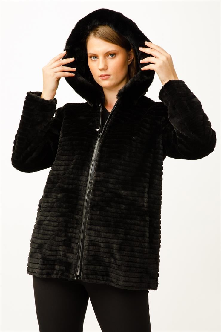 Modailgi  Kapüşonlu Kürk Kaban Siyah