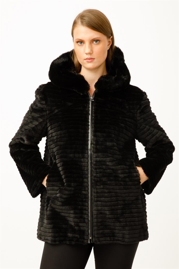 Modailgi  Kapüşonlu Kürk Kaban Siyah