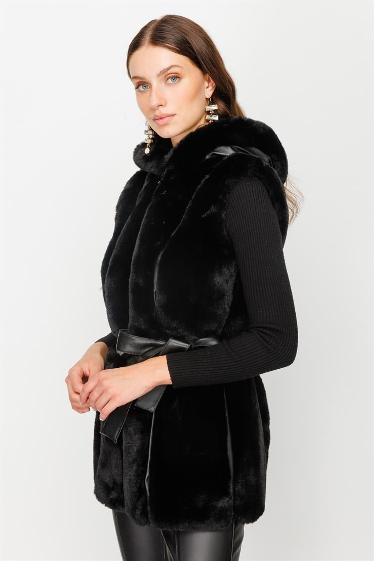 Modailgi  Kapüşonlu Kürk Yelek Siyah