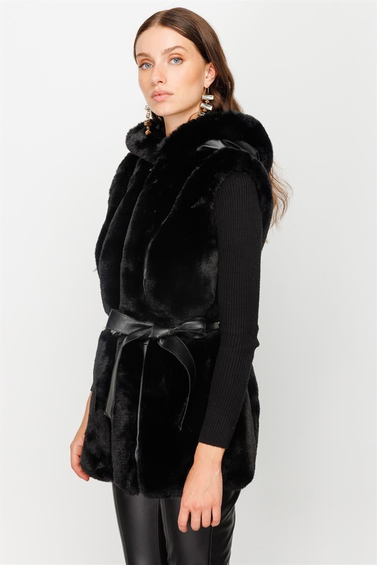 Modailgi  Kapüşonlu Kürk Yelek Siyah
