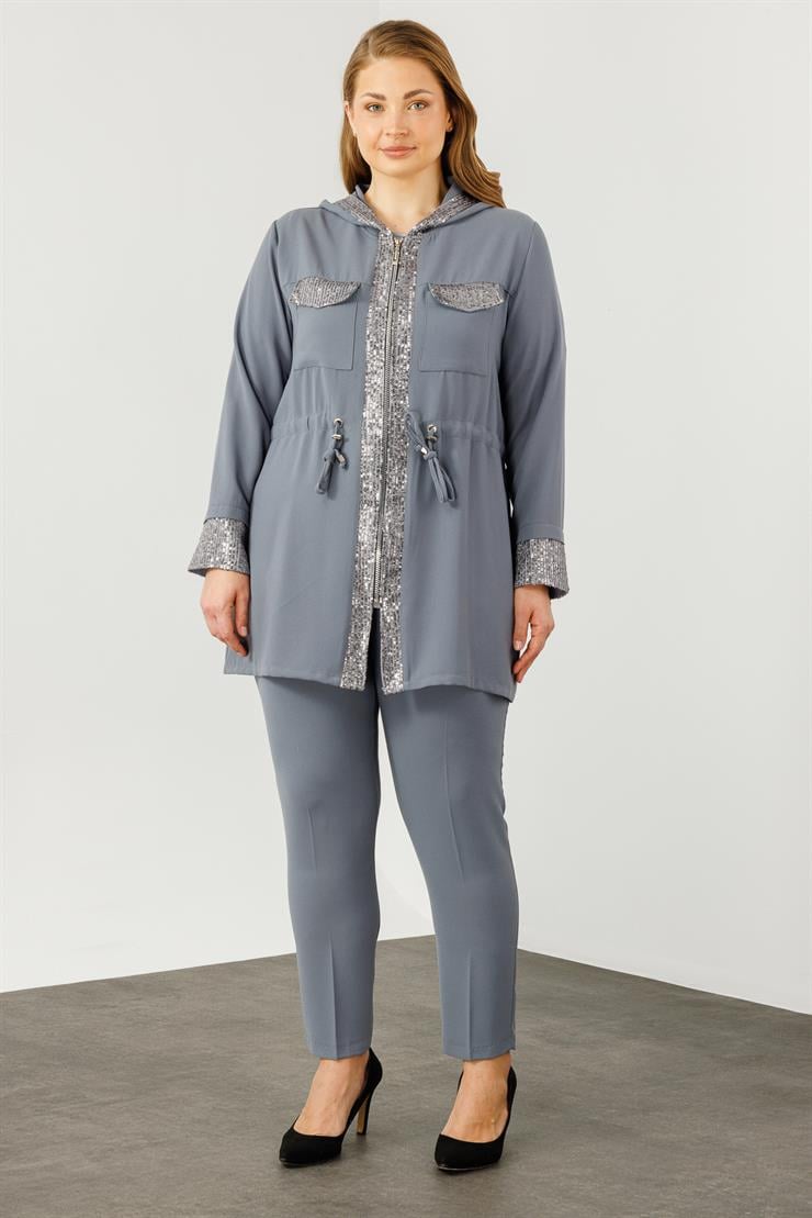 Modailgi  Kapüşonlu Payet Detaylı Tunik Gri