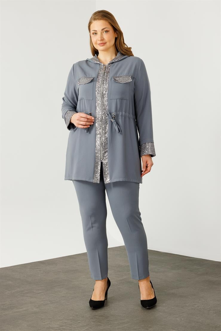 Modailgi  Kapüşonlu Payet Detaylı Tunik Gri