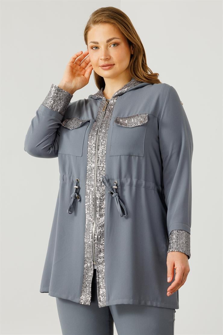 Modailgi  Kapüşonlu Payet Detaylı Tunik Gri