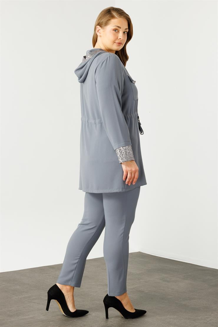 Modailgi  Kapüşonlu Payet Detaylı Tunik Gri