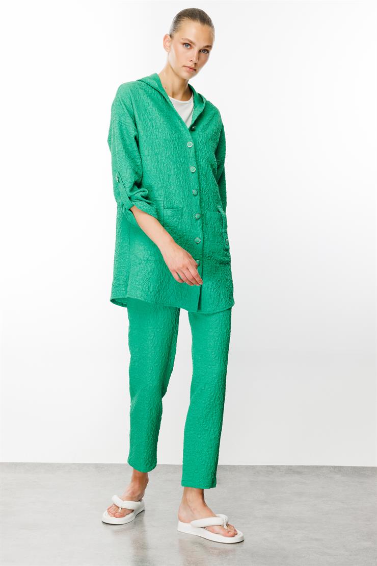 Modailgi  Kapüşonlu Torba Cepli Gofreli Tunik Yeşil