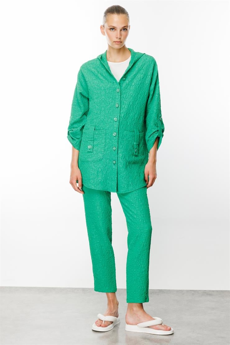 Modailgi  Kapüşonlu Torba Cepli Gofreli Tunik Yeşil