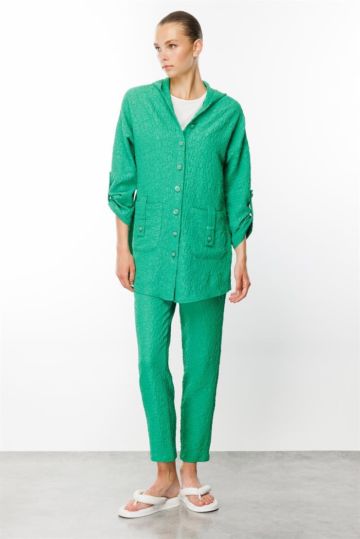 Modailgi  Kapüşonlu Torba Cepli Gofreli Tunik Yeşil