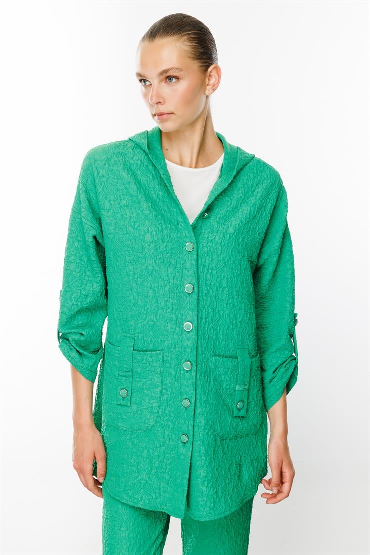 Modailgi  Kapüşonlu Torba Cepli Gofreli Tunik Yeşil