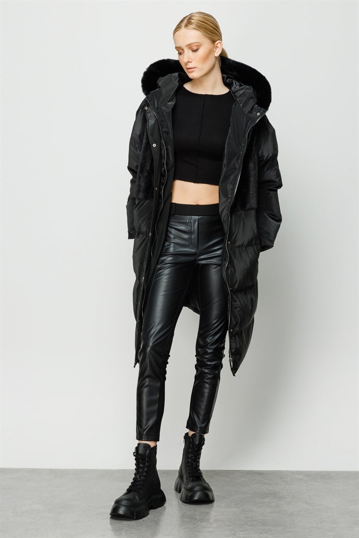 Modailgi  Kapüşonlu Uzun Kaban Siyah