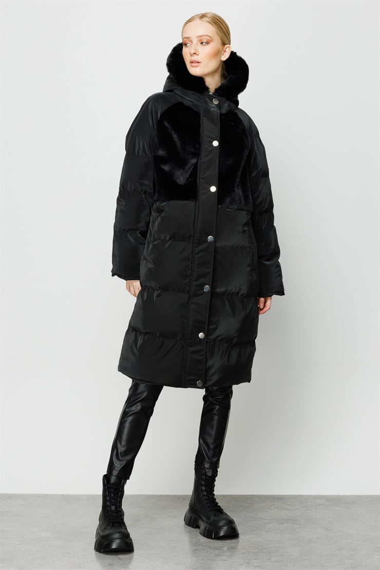 Modailgi  Kapüşonlu Uzun Kaban Siyah