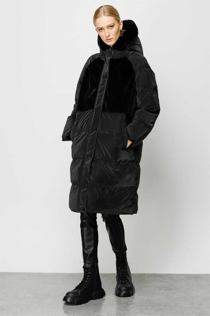 Modailgi  Kapüşonlu Uzun Kaban Siyah