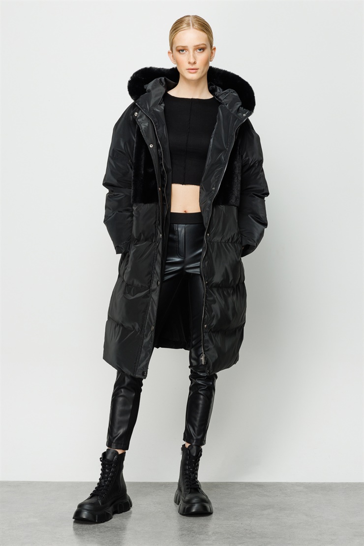 Modailgi  Kapüşonlu Uzun Kaban Siyah