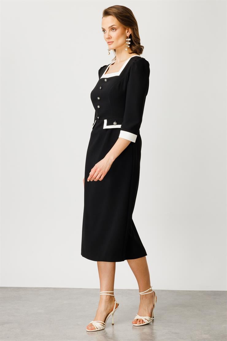 Modailgi  Kare Yaka Enkürüsteli Elbise Siyah