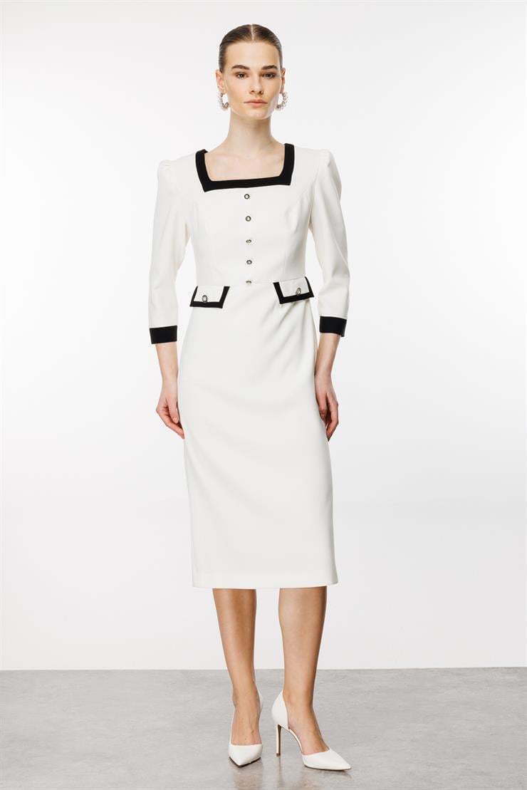 Modailgi  Kare Yaka Enkürüsteli Elbise Ekru