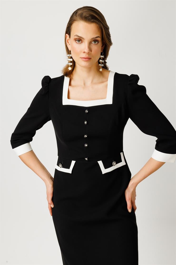 Modailgi  Kare Yaka Enkürüsteli Elbise Siyah