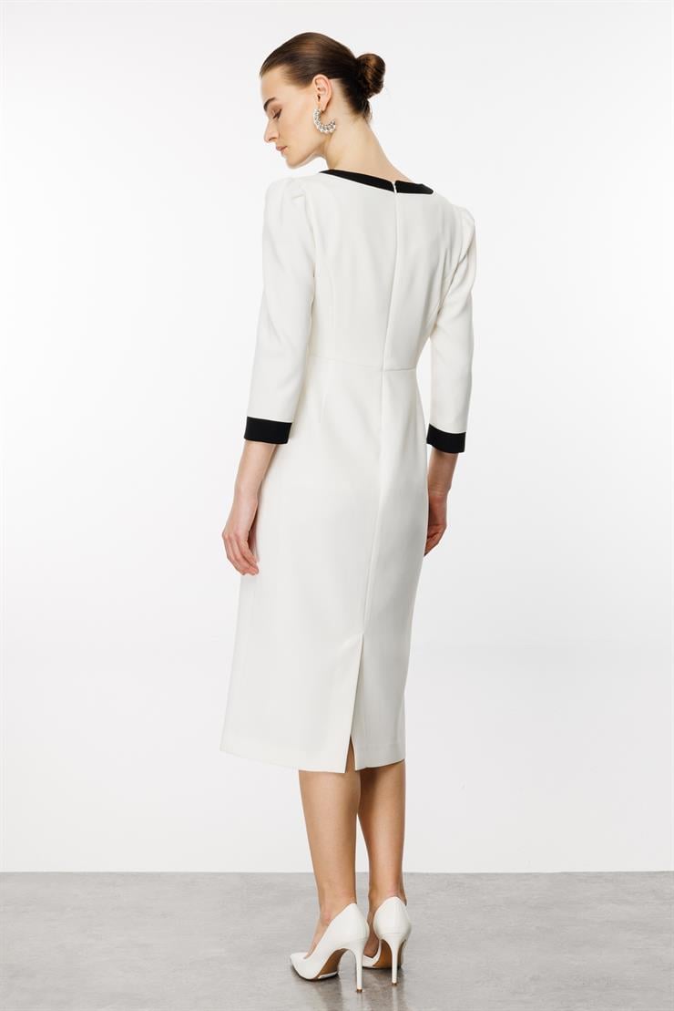 Modailgi  Kare Yaka Enkürüsteli Elbise Ekru