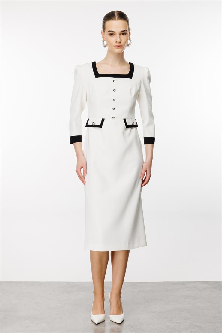 Modailgi  Kare Yaka Enkürüsteli Elbise Ekru