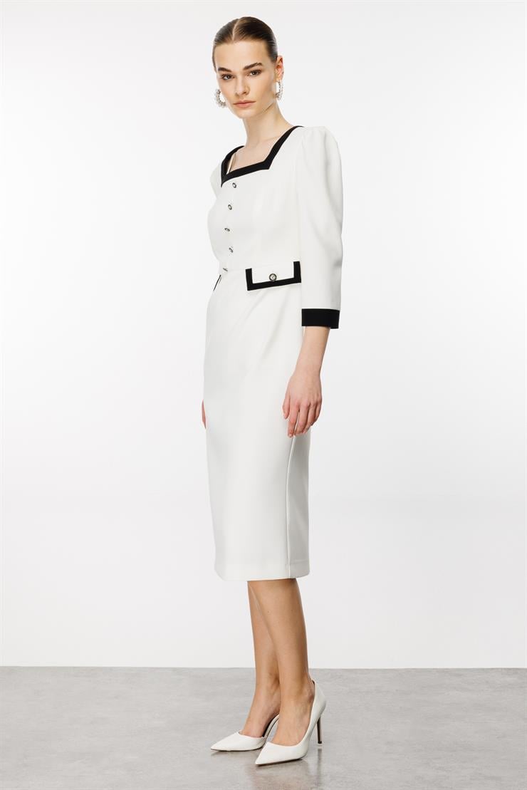 Modailgi  Kare Yaka Enkürüsteli Elbise Ekru