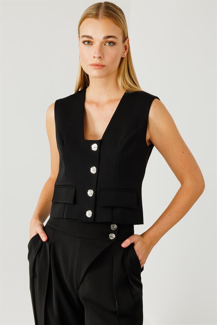 Modailgi  Kare Yaka Kapamalı Yırtmaç ve Kapak Detaylı Kısa Yelek - 4118 Siyah