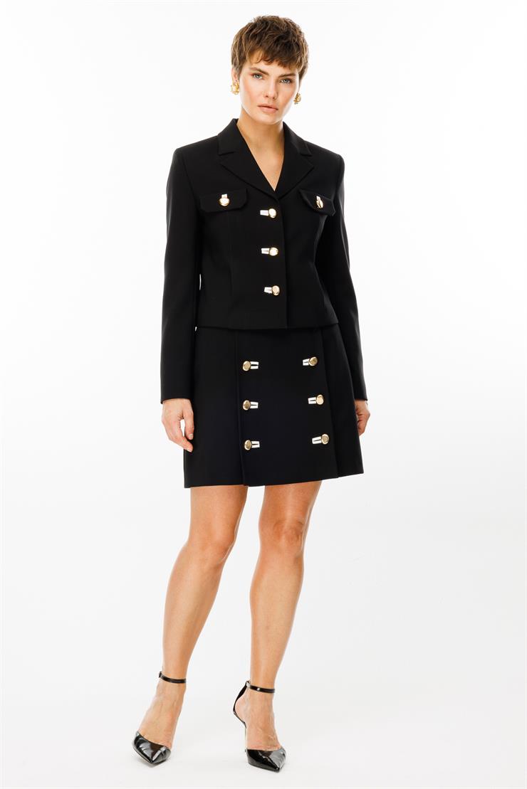 Modailgi  Kelebek Yaka Cep Detaylı Fleto ile Düğme Kapamalı Crop Ceket Siyah