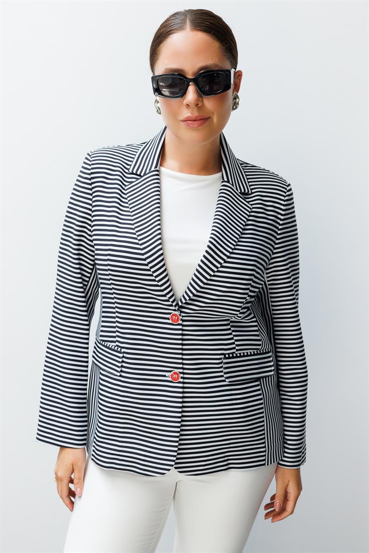 Modailgi  Kelebek Yaka Çift Düğme Kapama File Astar Çizgili Ceket Siyah