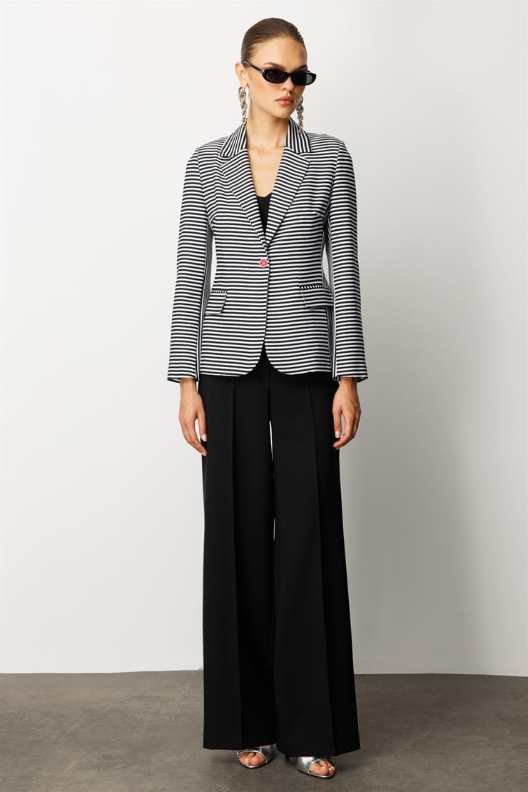 Modailgi  Kelebek Yaka Tek Düğme Kapama File Astar Çizgili Ceket Siyah