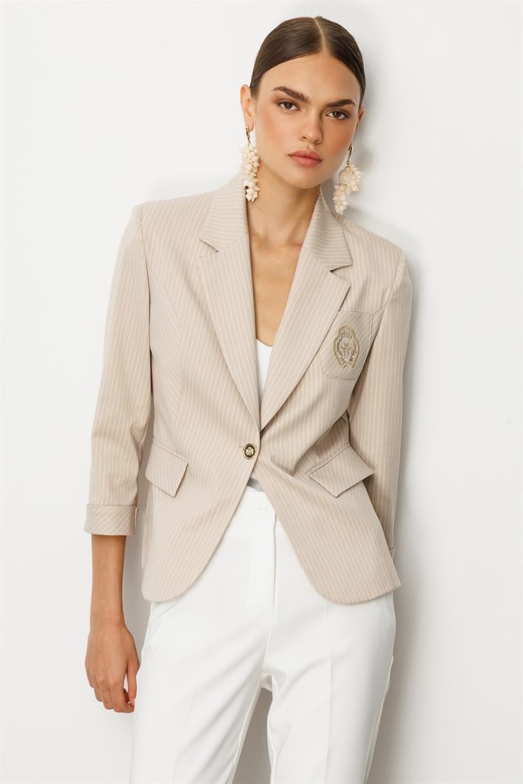 Modailgi  Kelebek Yaka Truvakar Kol Nakış Detaylı Yarım Astarlı Ceket Taş