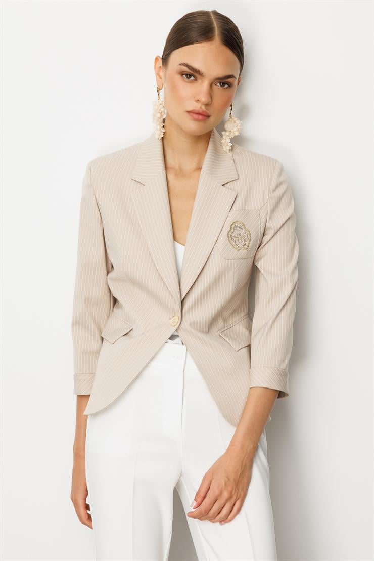 Modailgi  Kelebek Yaka Truvakar Kol Nakış Detaylı Yarım Astarlı Ceket Taş