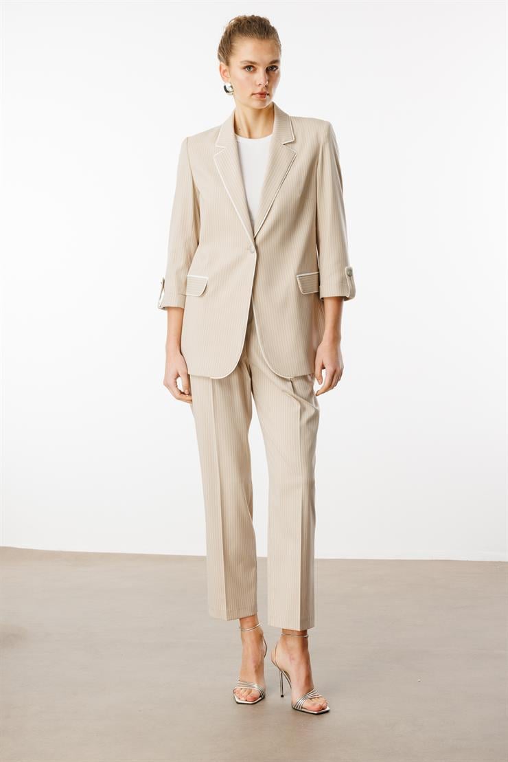 Modailgi  Kelebek Yaka Truvakar Kol Yarım Astarlı Çizgili Ceket Taş