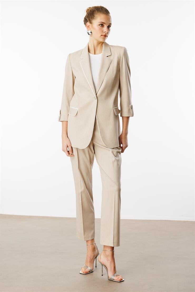 Modailgi  Kelebek Yaka Truvakar Kol Yarım Astarlı Çizgili Ceket Taş