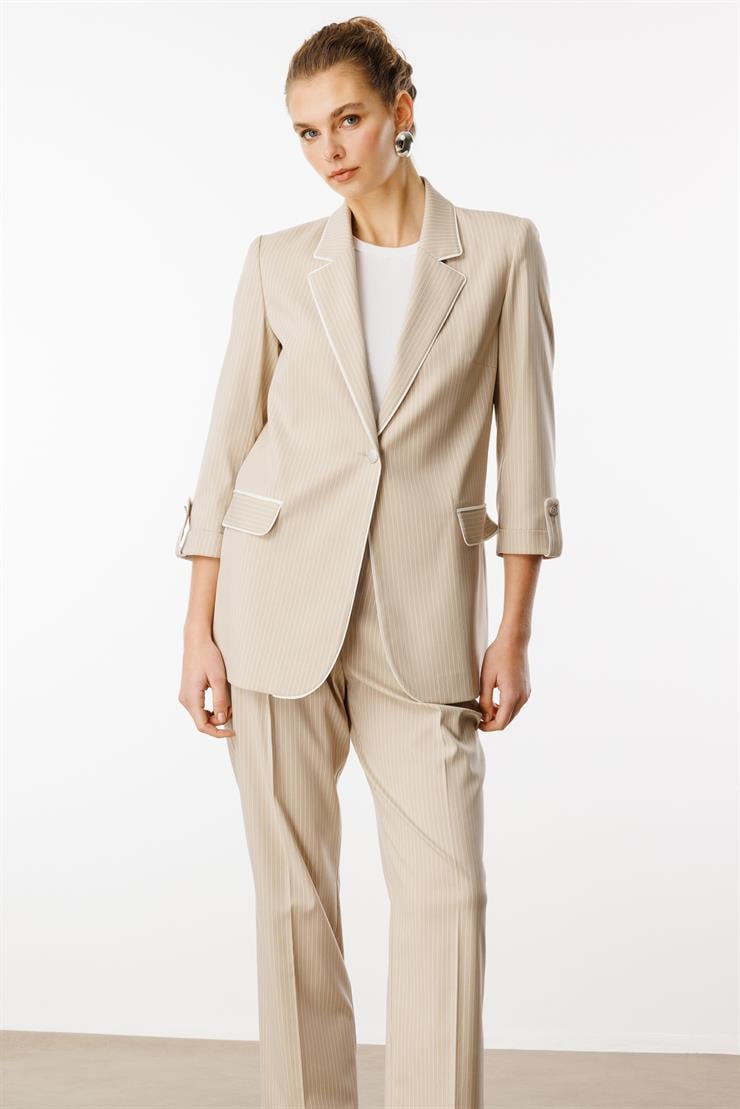 Modailgi  Kelebek Yaka Truvakar Kol Yarım Astarlı Çizgili Ceket Taş