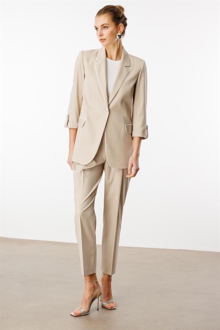 Modailgi  Kelebek Yaka Truvakar Kol Yarım Astarlı Çizgili Ceket Taş