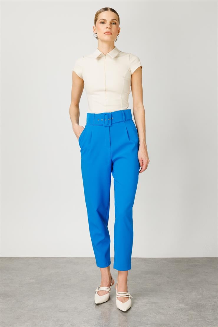 Modailgi  Kemer ve Pile Detaylı Takım Pantolon - 7534 Mavi