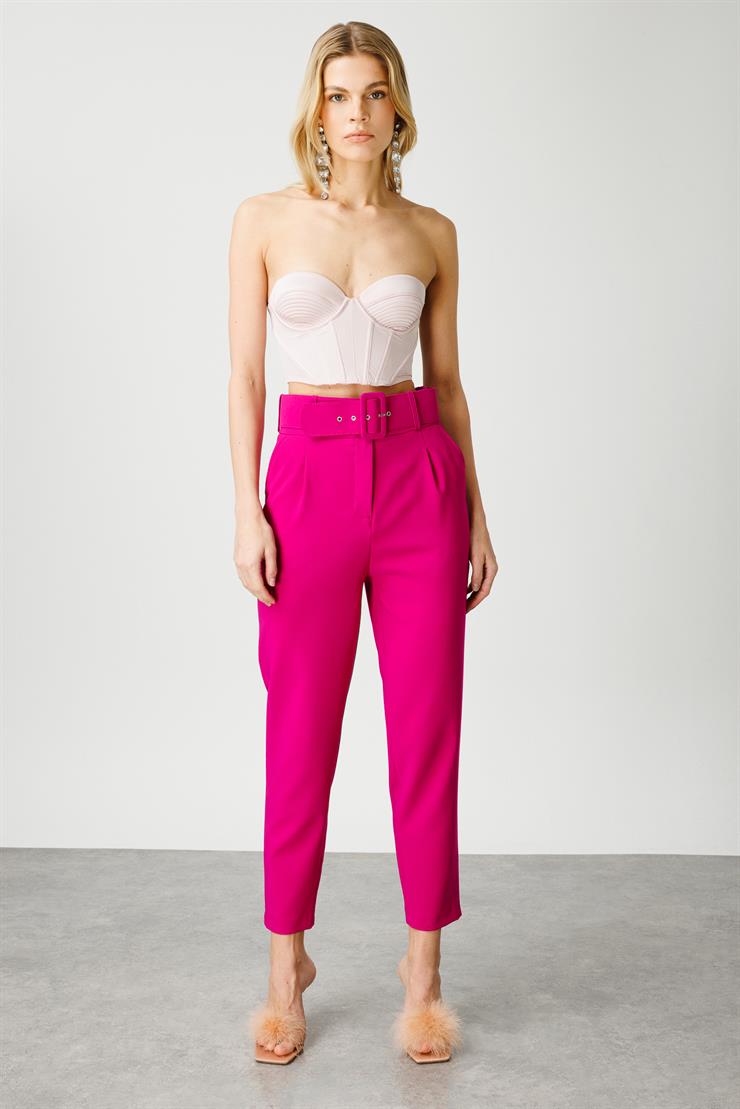 Modailgi  Kemer ve Pile Detaylı Takım Pantolon - 7534 Fuşya