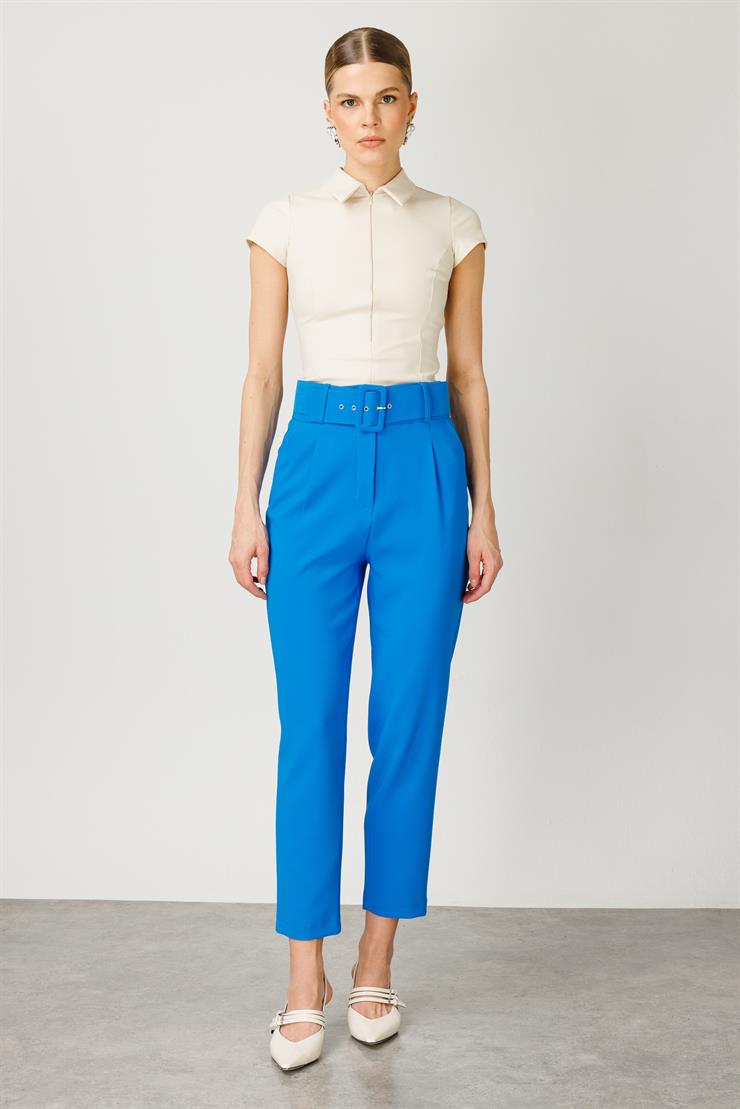 Modailgi  Kemer ve Pile Detaylı Takım Pantolon - 7534 Mavi