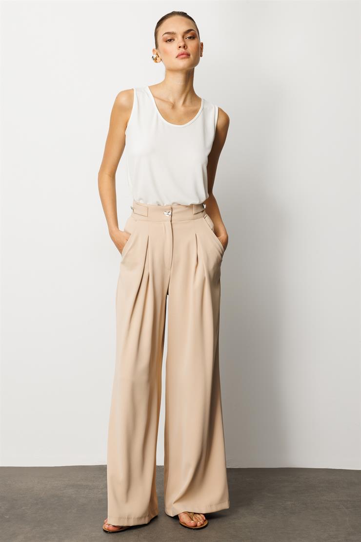 Modailgi  Kemeri Apoletli Yandan Cepli Plikaşeli Pantolon - 7069 Taş