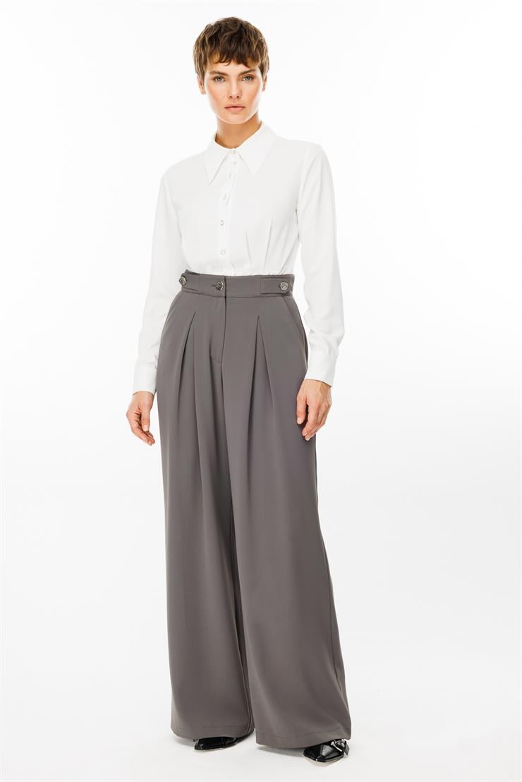 Modailgi  Kemeri Apoletli Yandan Cepli Plikaşeli Pantolon - 7069 Gri