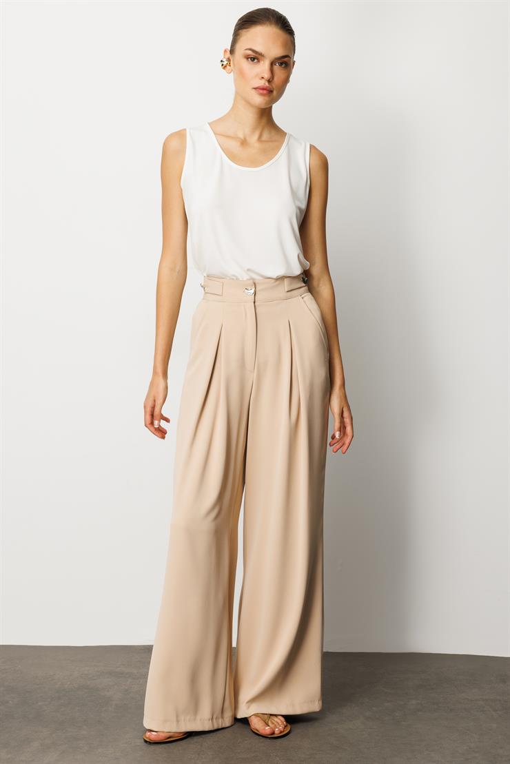 Modailgi  Kemeri Apoletli Yandan Cepli Plikaşeli Pantolon - 7069 Taş