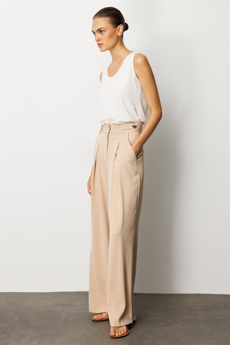 Modailgi  Kemeri Apoletli Yandan Cepli Plikaşeli Pantolon - 7069 Taş