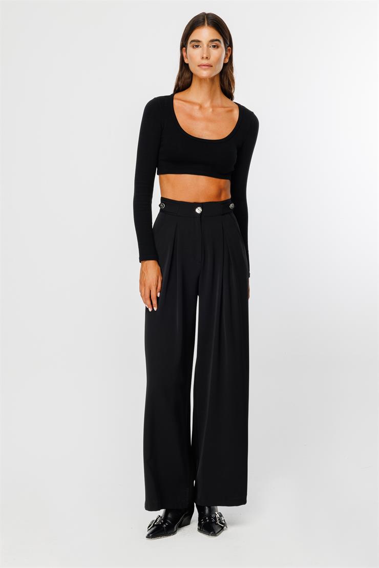 Modailgi  Kemeri Apoletli Yandan Cepli Plikaşeli Pantolon - 7069 Siyah