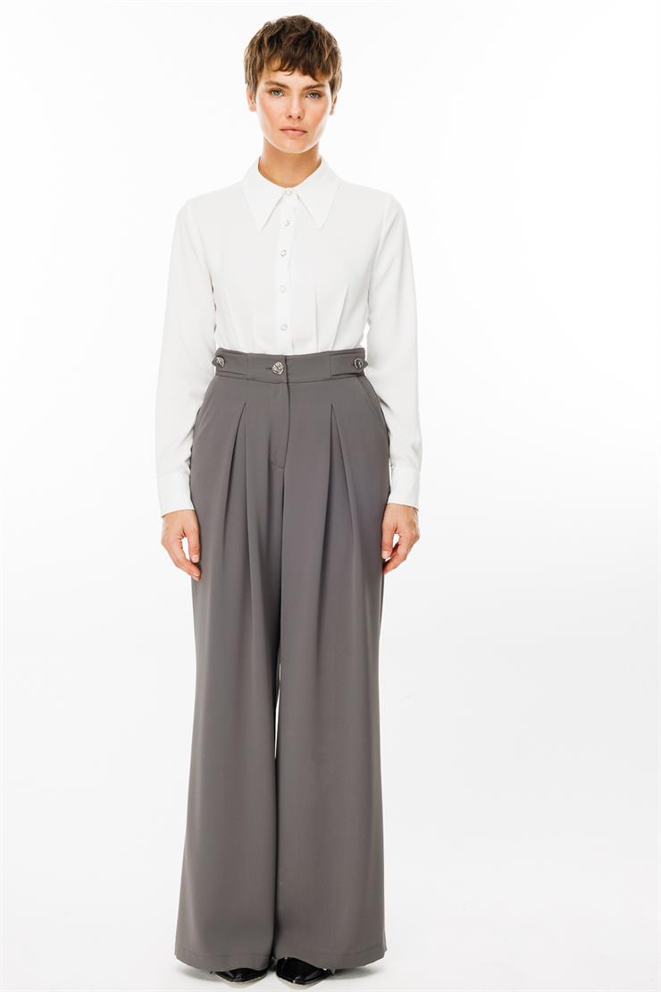 Modailgi  Kemeri Apoletli Yandan Cepli Plikaşeli Pantolon - 7069 Gri