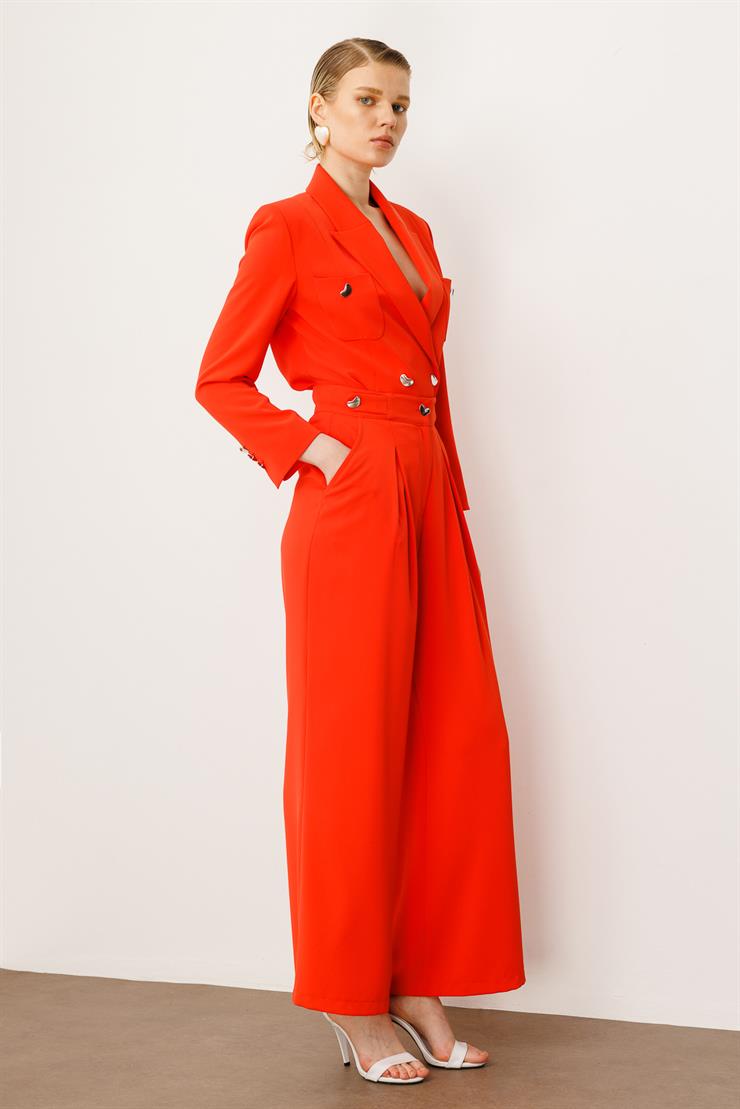 Modailgi  Kemeri Apoletli Yandan Cepli Plikaşeli Pantolon - 7069 Mercan